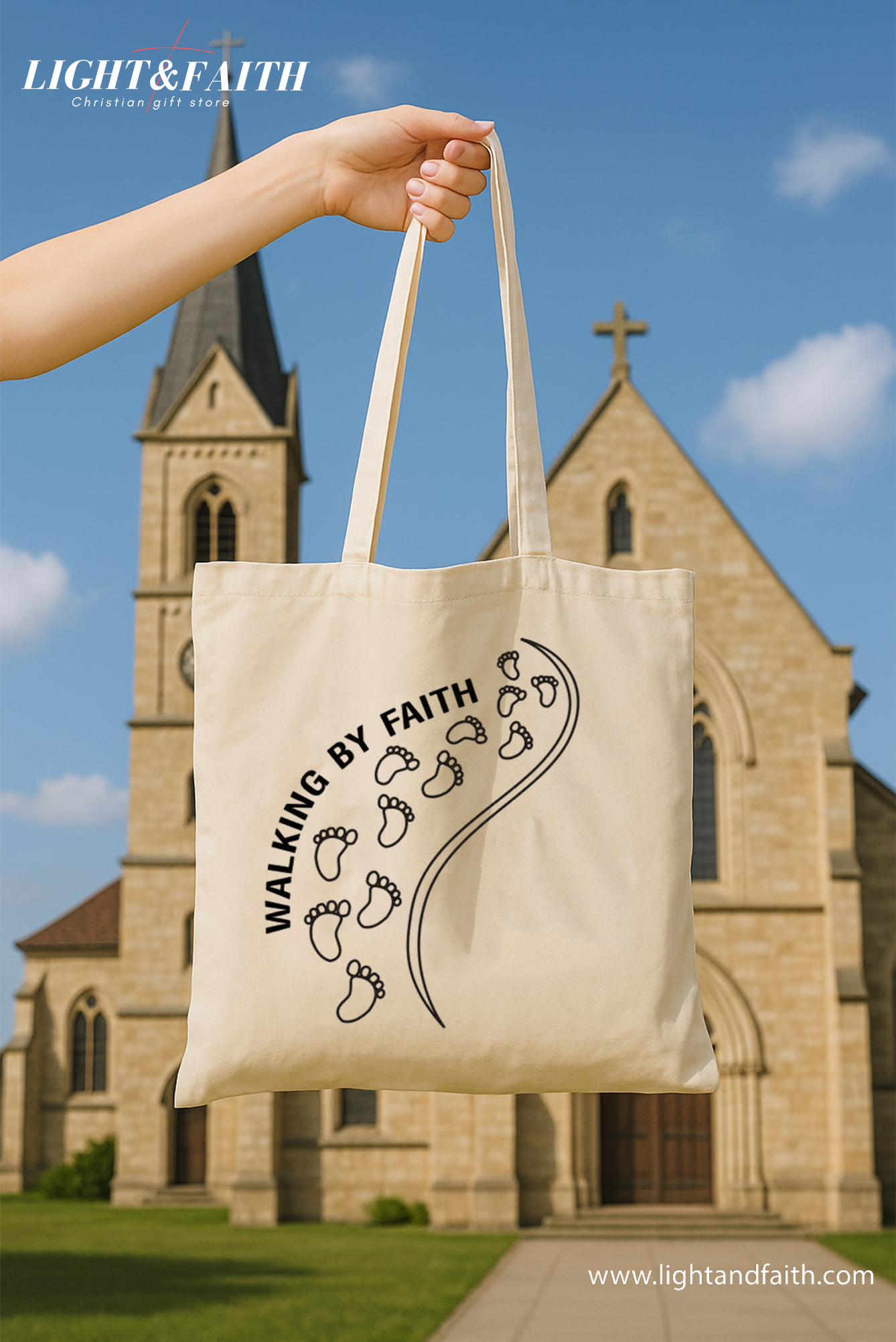 Walking By Faith Tote Bag, Christian Canvas Bag with Footprints Design, Inspirational Bible Verse Tote, Religious Gift for Women Church Bag TBLAF41